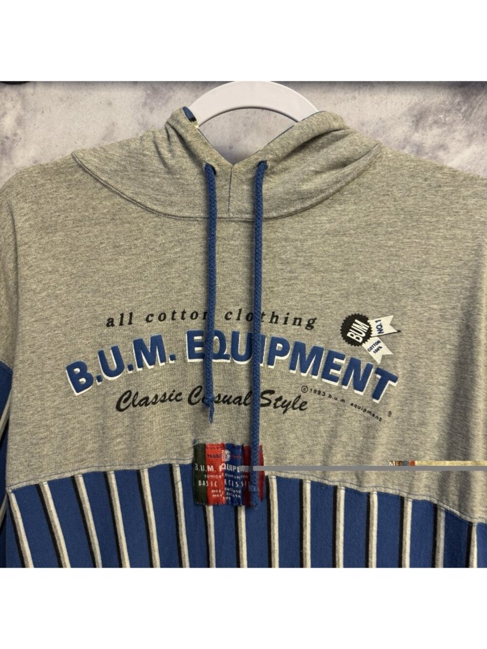 Vintage BUM Equipment Hoodie T Shirt Mens Large Gray/Blue Baggy Y2K